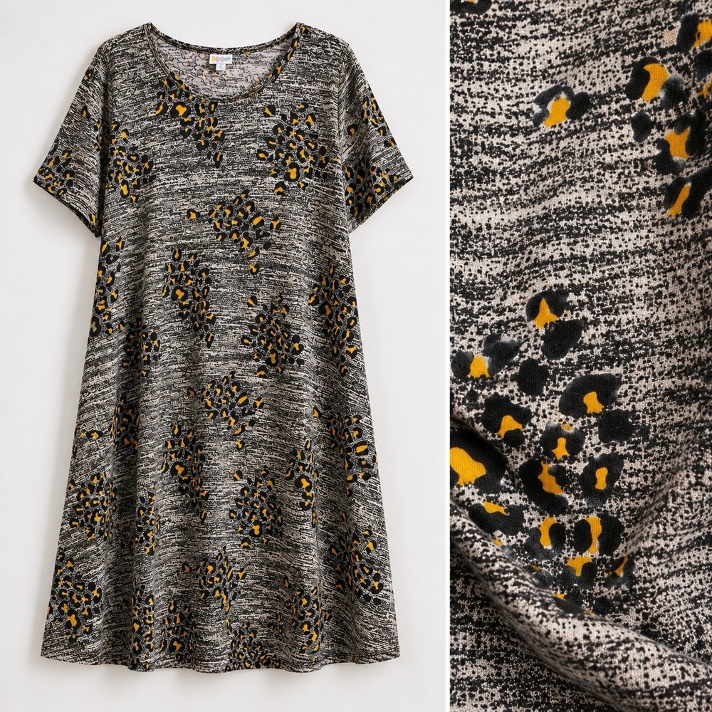 LuLaRoe T-Shirt Dress 2XL Gray Animal Print Swing Pockets Midi Stretch Comfort